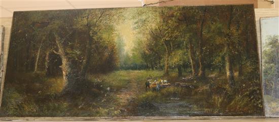 Franklyn, oil on canvas, Figures in a woodland, 36 x 76cm and a smaller oil signed C. Morris